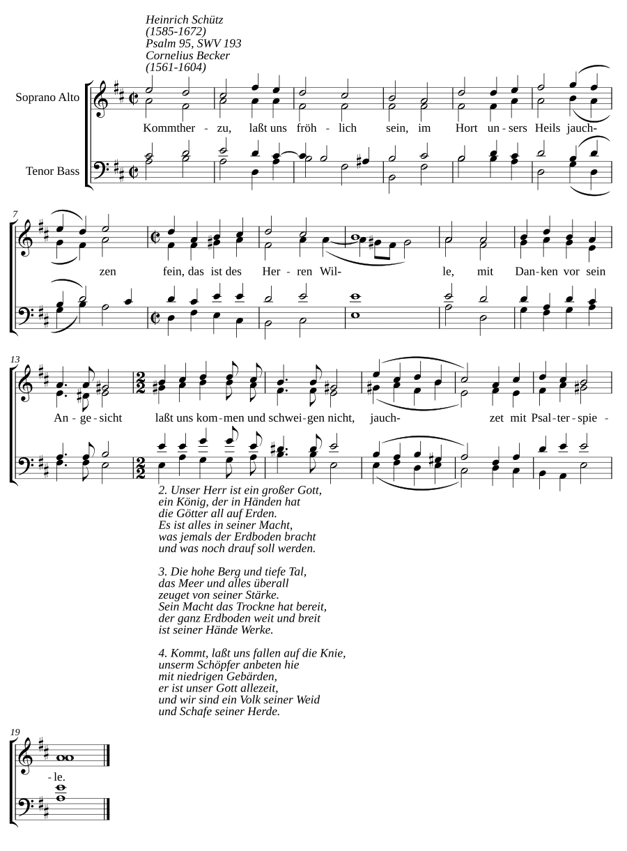 Идите сюда, давайте веселиться, SWV 193 (Kommt herzu, laßt uns fröhlich sein, SWV 193). Для хора и инструментов