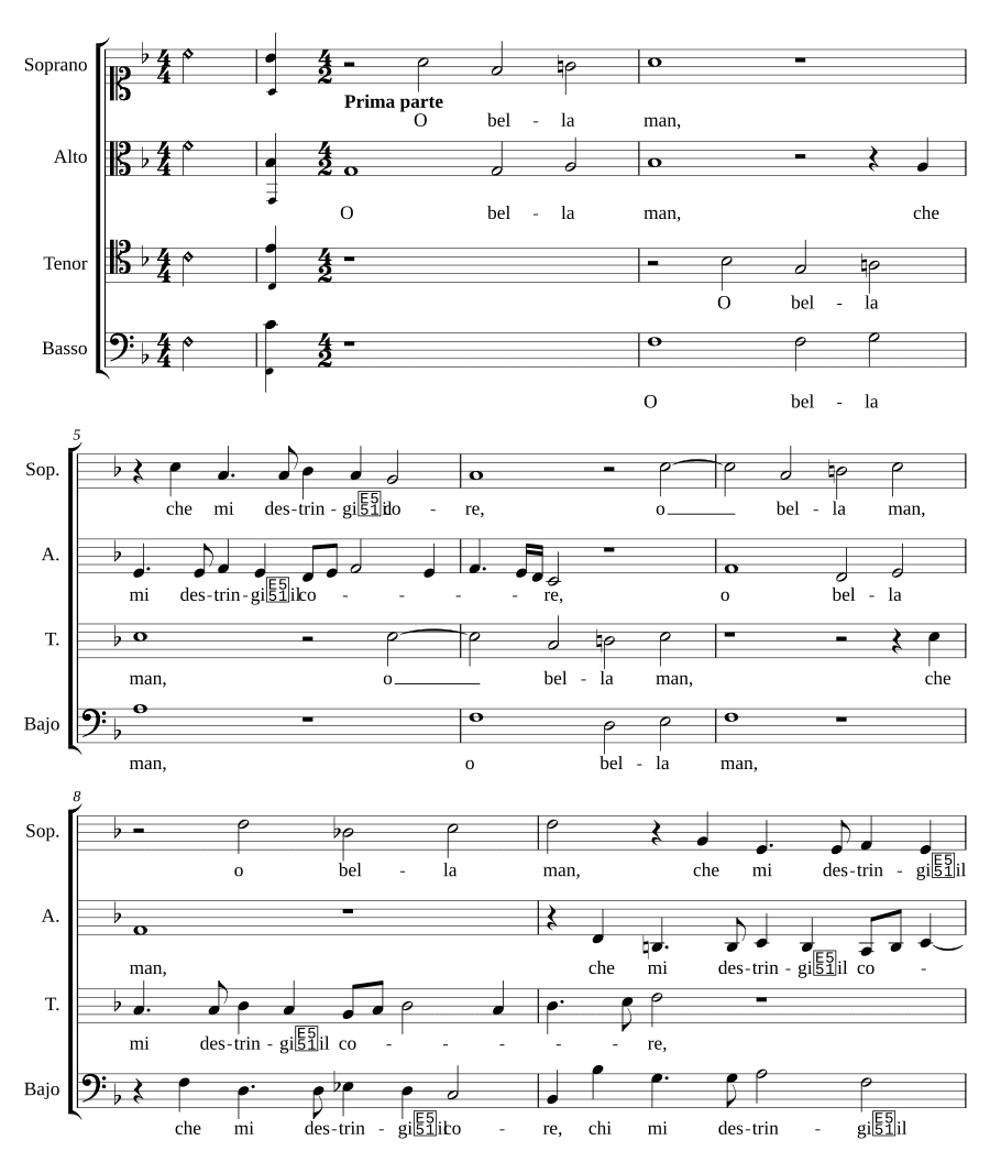 О, прекрасный человек, что сжимает моё сердце (O bella man, che mi destringi 'l core)