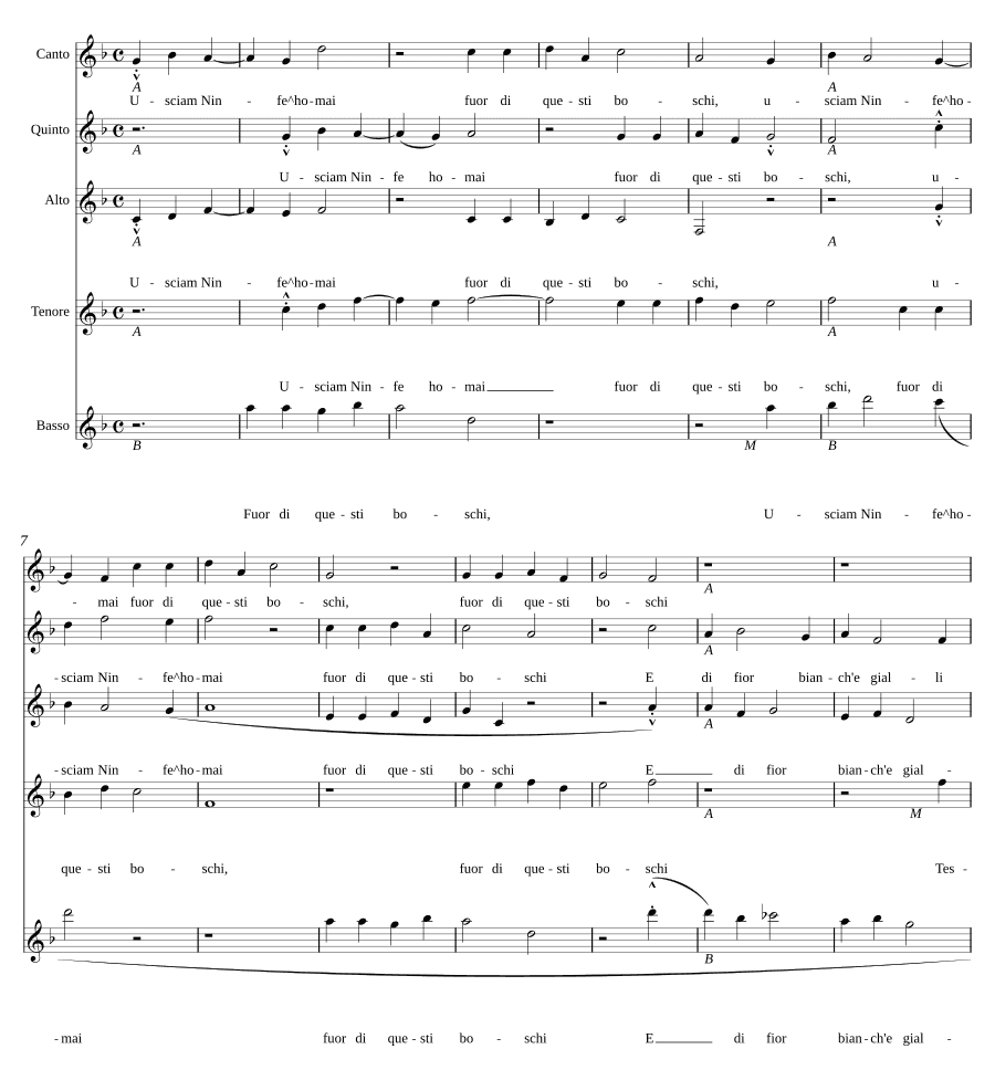 Выходим, нимфы, ныне из этих лесов (Usciam, ninfe, homai fuor di questi boschi)